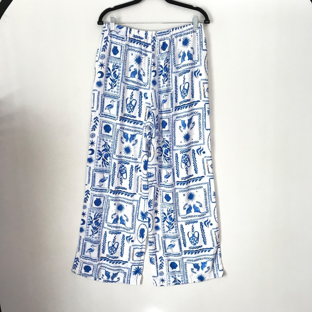 SINCERELY JULES Cream Blue Linen Blend Elastic Waist Wide Leg Pants Size L - NEW - Picture 8 of 8